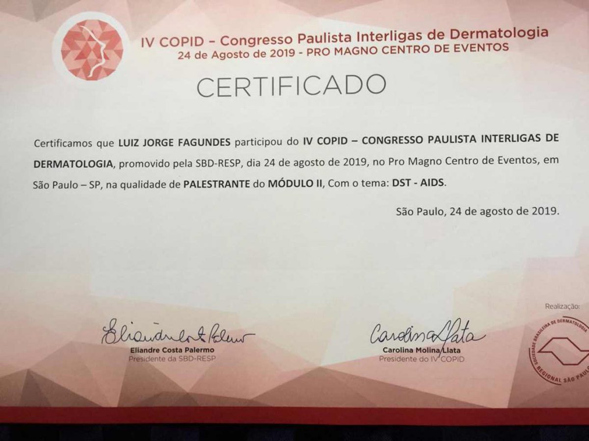 Certificado de Palestrante do V Congresso Paulista de Ligas de Dermatologia – COPID